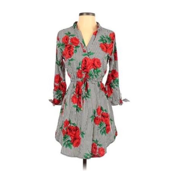 Hint of Blush Black & White with Red Floral Long Sleeve Midi Dress - Size Small - Picture 1 of 16